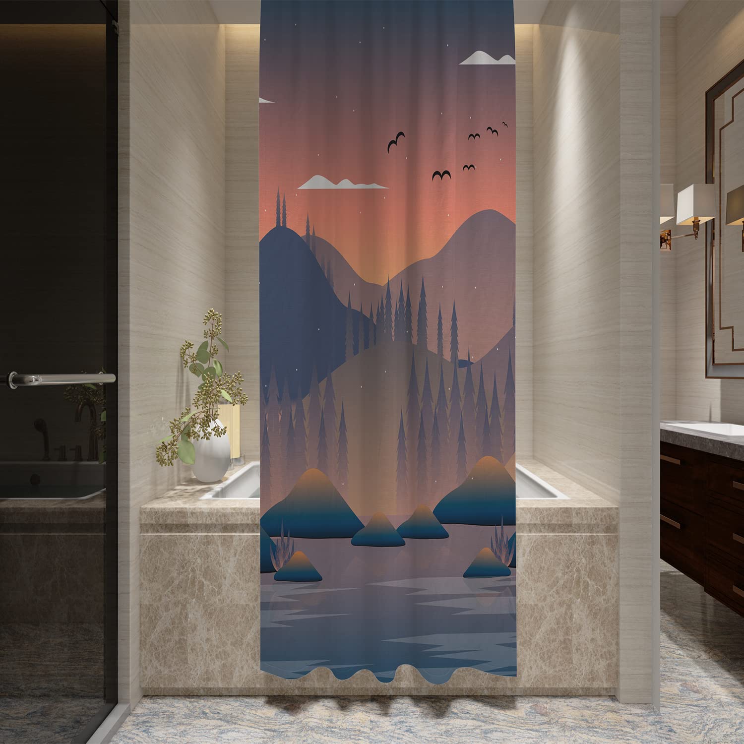 KIRFIZ Mountain with Flying Bird Shower Curtain, Shower Curtain, Cool Shower Curtain, Shower Curtain with 8 Hooks | Bath Curtain | Bathroom partition Curtain | Bathroom Decor, 80" L x 60" W