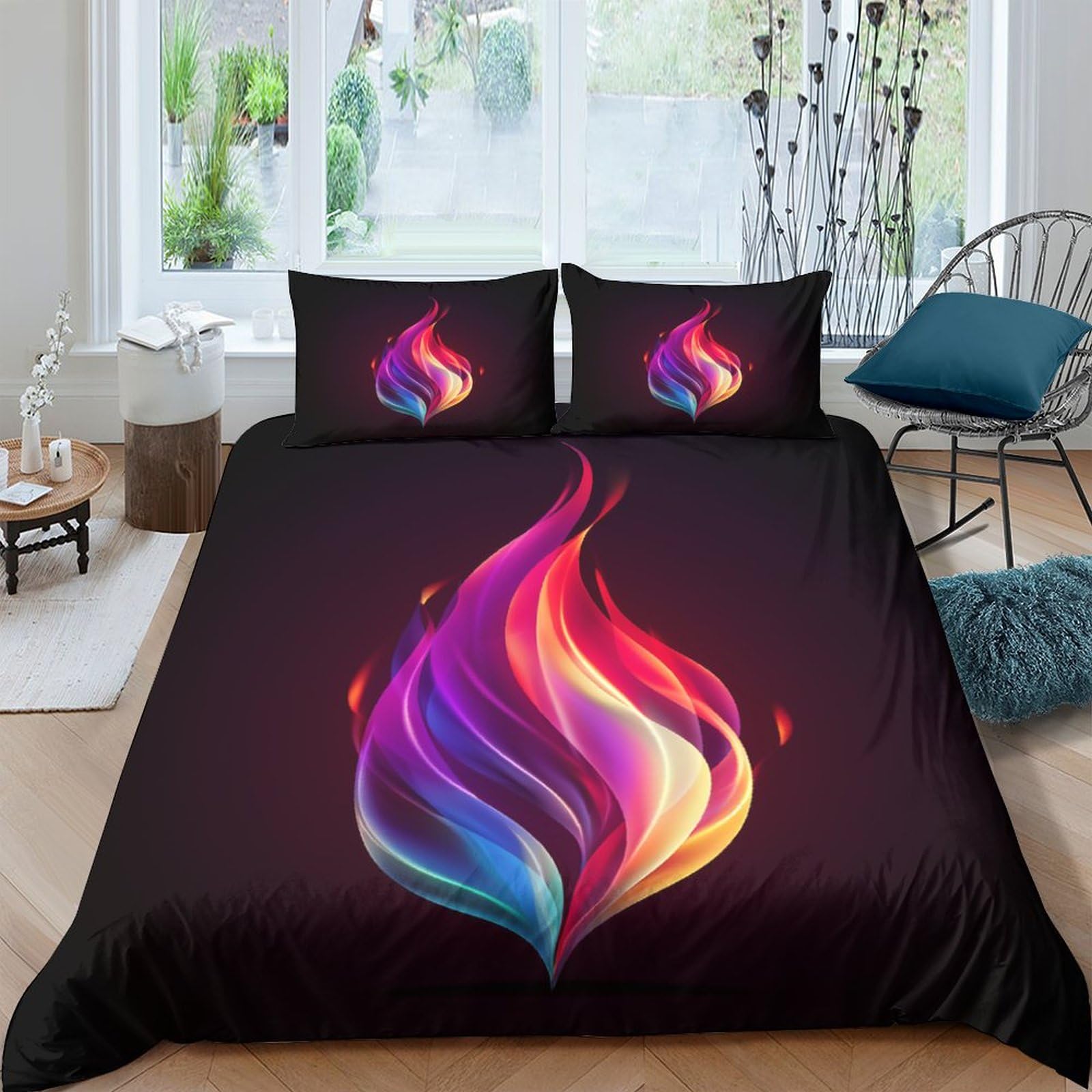 Housse de couette 3 pièces motif flamme parure de lit 200 x 200 enfant et adulte