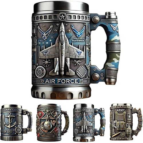 Military 3D Mug, Handmade Army Themed Coffee Mug with Stainless Steel Liner, Beautiful Army Style Tankard for Men & Soldiers, Unique Veteran Tribute Gift,10 Oz, Resin & Metal (Style-C)