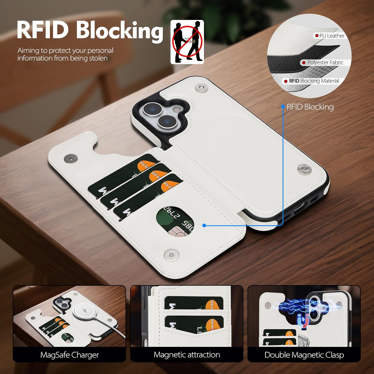 Compatible with Magsafe for iPhone 17 Wallet Case with Card Holder,Women Men Phone Case PU Leather Kickstand Flip Folio Protective Cover Credit Card Slots,for Apple 17 6.3",White - Image 2