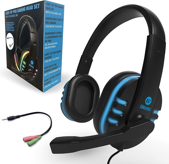Cascos Gaming iWotto, Auriculares Gaming De Diadema Cancelación Ruido, Auriculares con Micrófono Flexible, Orejeras Cómodas Iluminación RGB para PS4 Xbox One PC Tablet