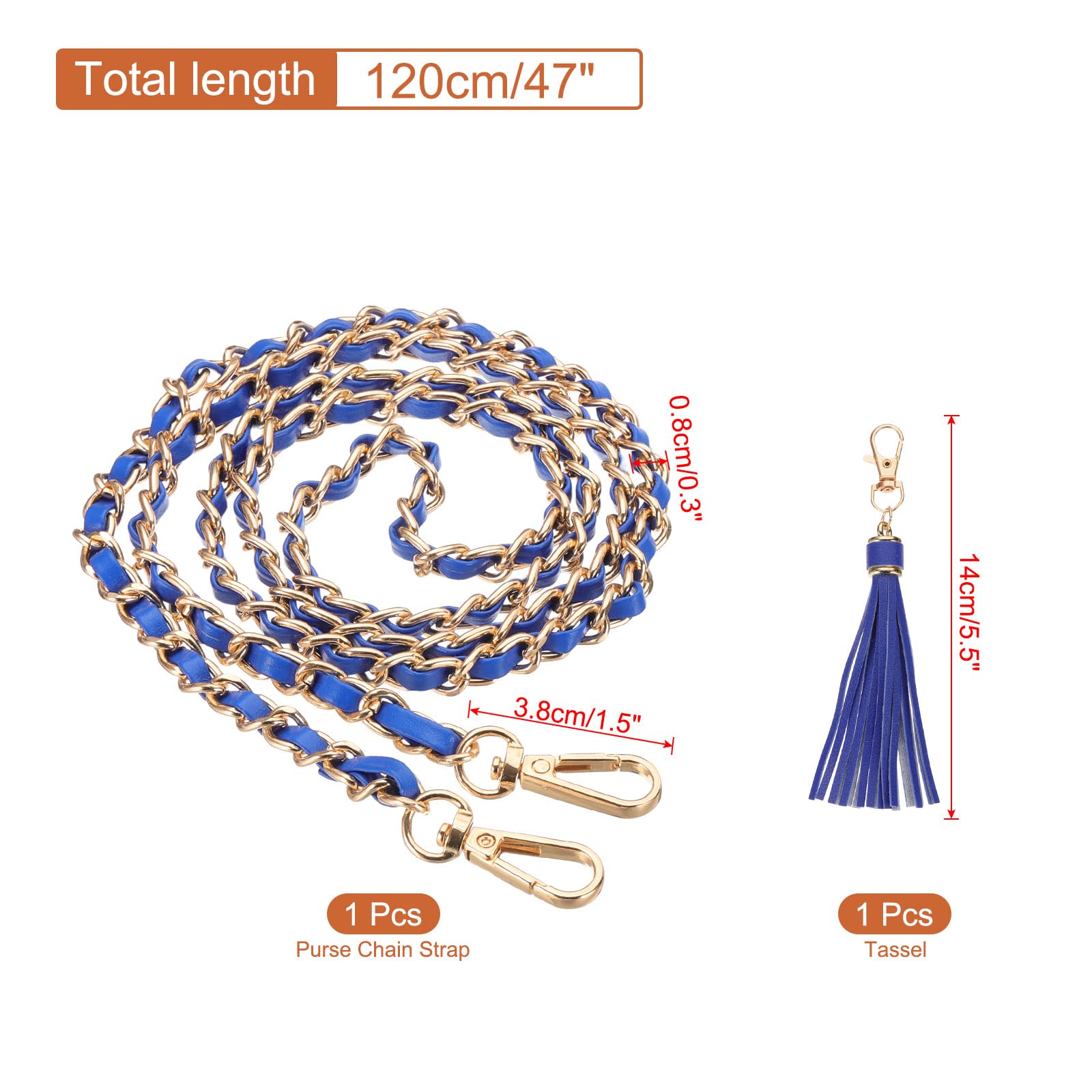 PATIKIL Purse Chain Strap, 47 Inch Leather Chain Purse Strap Replacement with Tassel for Crossbody Bag Handbag Woman Blue/Gold - Image 2
