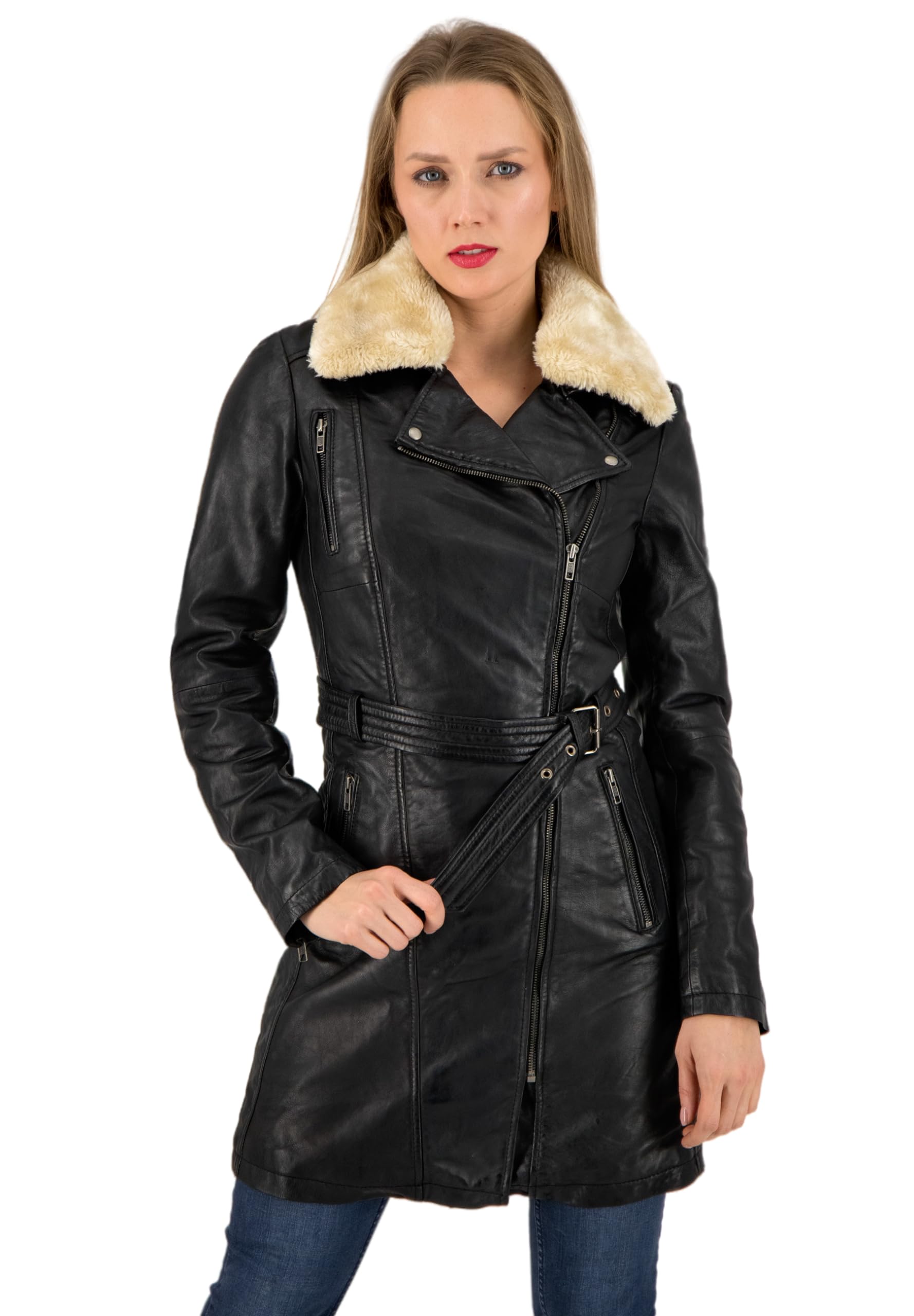 URBAN 5884 Milou Chaqueta de piel para mujer, abrigo largo hasta el muslo, de piel de cordero auténtica, chaqueta de invierno suave al tacto Mujer