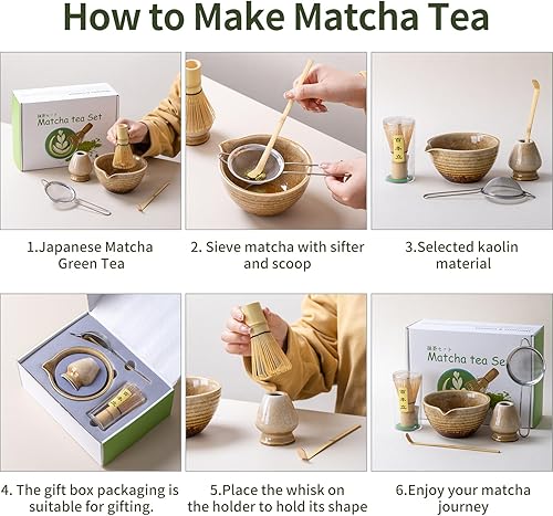 Miniatura 2 de Juego tradicional de ceremonia de té Matcha con cuenco de cerámica, batidor de bambú, soporte y colador, 5 piezas (amarillo)