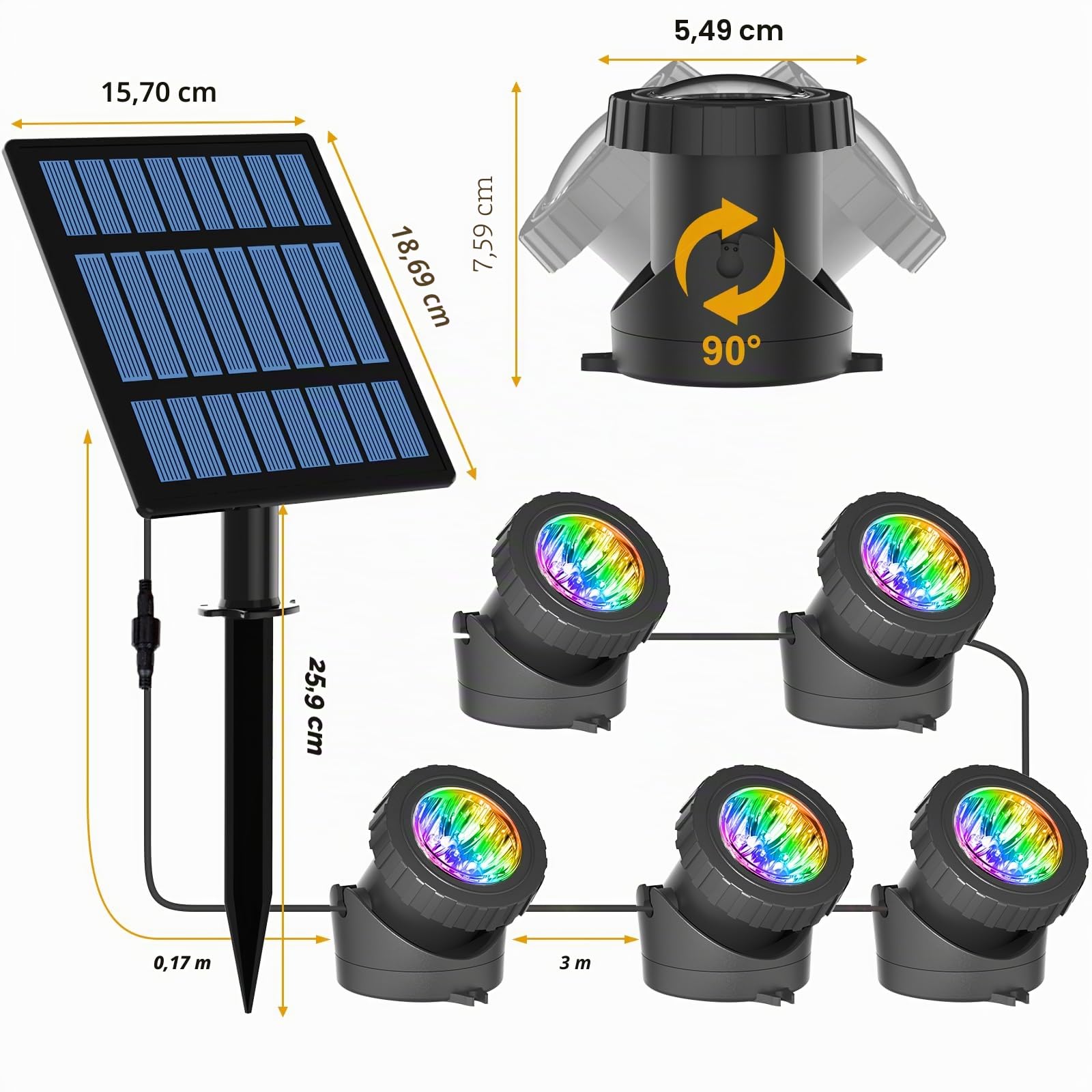 T-SUN Foco Solar 5 en 1 Luz Piscina Solar RGB Focos LED Piscina IP68 Impermeable Luces Solares Piscina Para Piscinas Sumergible Cambio de Color Para Piscinas, Estanques, Pecera