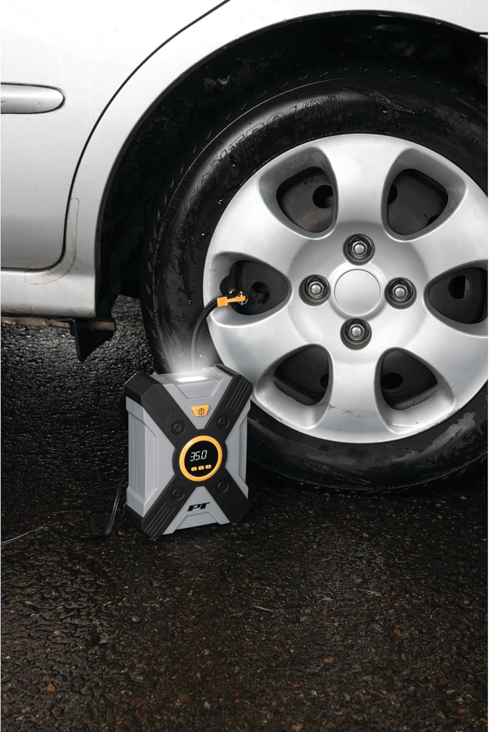 Performance Tool Vortex E00003 12V Digital Tire Inflator w/Auto Shut-Off, Lever-Locking Air Chuck, Long Power Cord, Three Nozzles, Gray