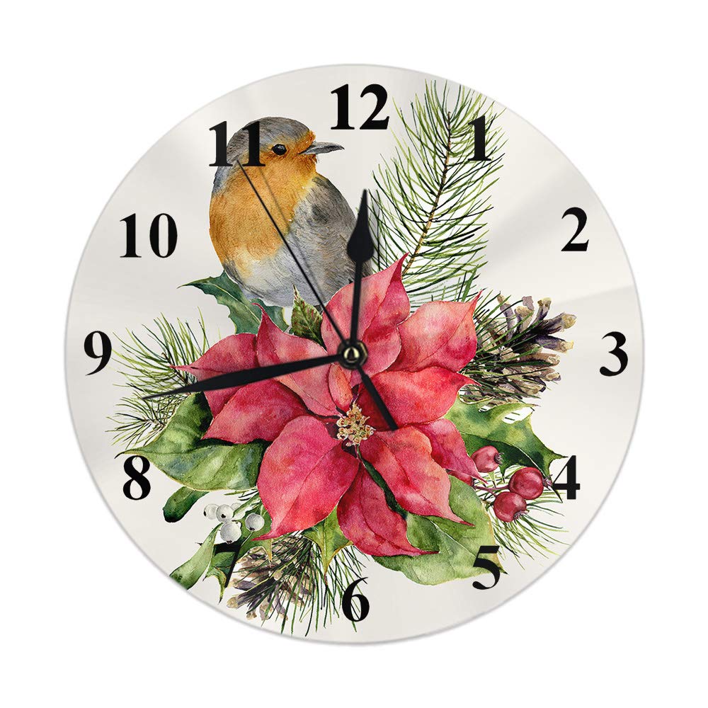 AOOEDM Wall Clock Robin Hand Painted Birds Christmas Holly Leaves Floral Pine Berries Mistletoe Round Wall Clock Home Decor Wall Clock for Living Room Bedroom Kitchen Office