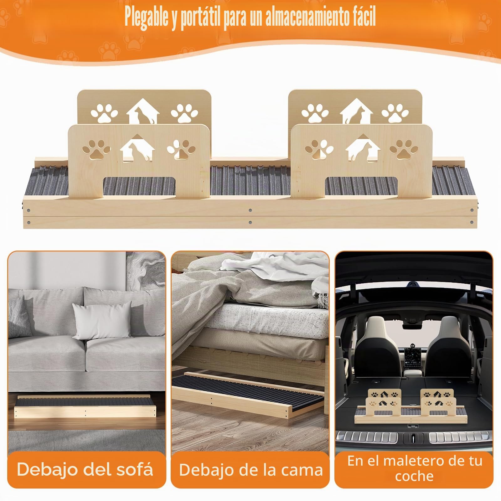 Rampa para perros, cama de 100 cm de largo con barandilla de seguridad, altura ajustable, escalera portátil para perros de madera con rampa antideslizante para cama, sofá, coche, viajes, pequeños