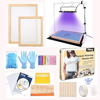 Pllieay 43 PCS Screen Printing Kit Includes Screen Printing Exposure Light, 2 Pcs Silk Screen Printing Frames, Fine Glitter, Screen Printing Squeegee, Transparency Films, and Screen Printing Supplies
