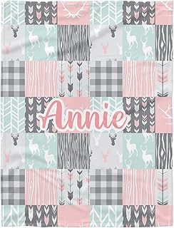 Personalized Patchwork Deer Pink Mint Grey Baby Blanket with Name for Girls Boys Custom Nursery Kids Blankets for Baby Shower Birthday Gifts Customized Baby Throw Soft Fleece 30 x 40 inch