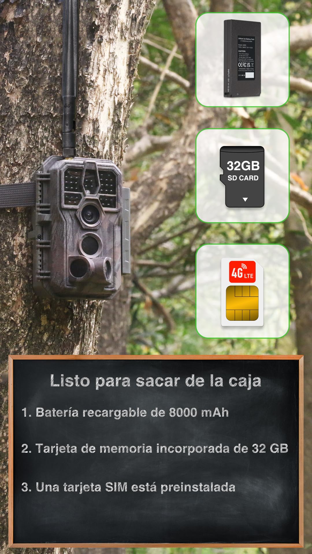 GardePro X50 Pro MAX Câmaras de Caça 4G LTE con Transmisión en Vivo, Recargable 8000mAh, Tarjeta SD Incorporada, 48MP 1296P, Camara Fototrampeo X50PLMB con Alcance de Visión Nocturna