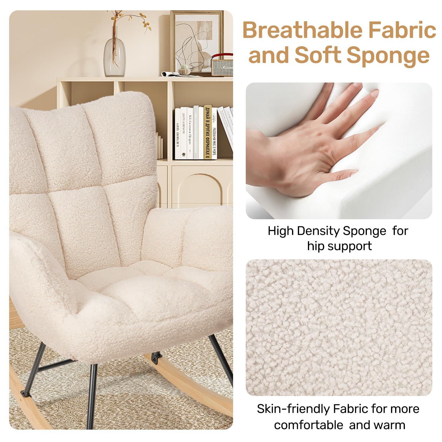 Hawthyhome Velours Fauteuil à Bascule, Rocking Chair, Fauteuil Allaitement, Chaise à Bascule Scandinave en Bois pour Chambre d' Enfant Chambre à Coucher Salon Balcon, Jusqu'à 136 kg - Beige