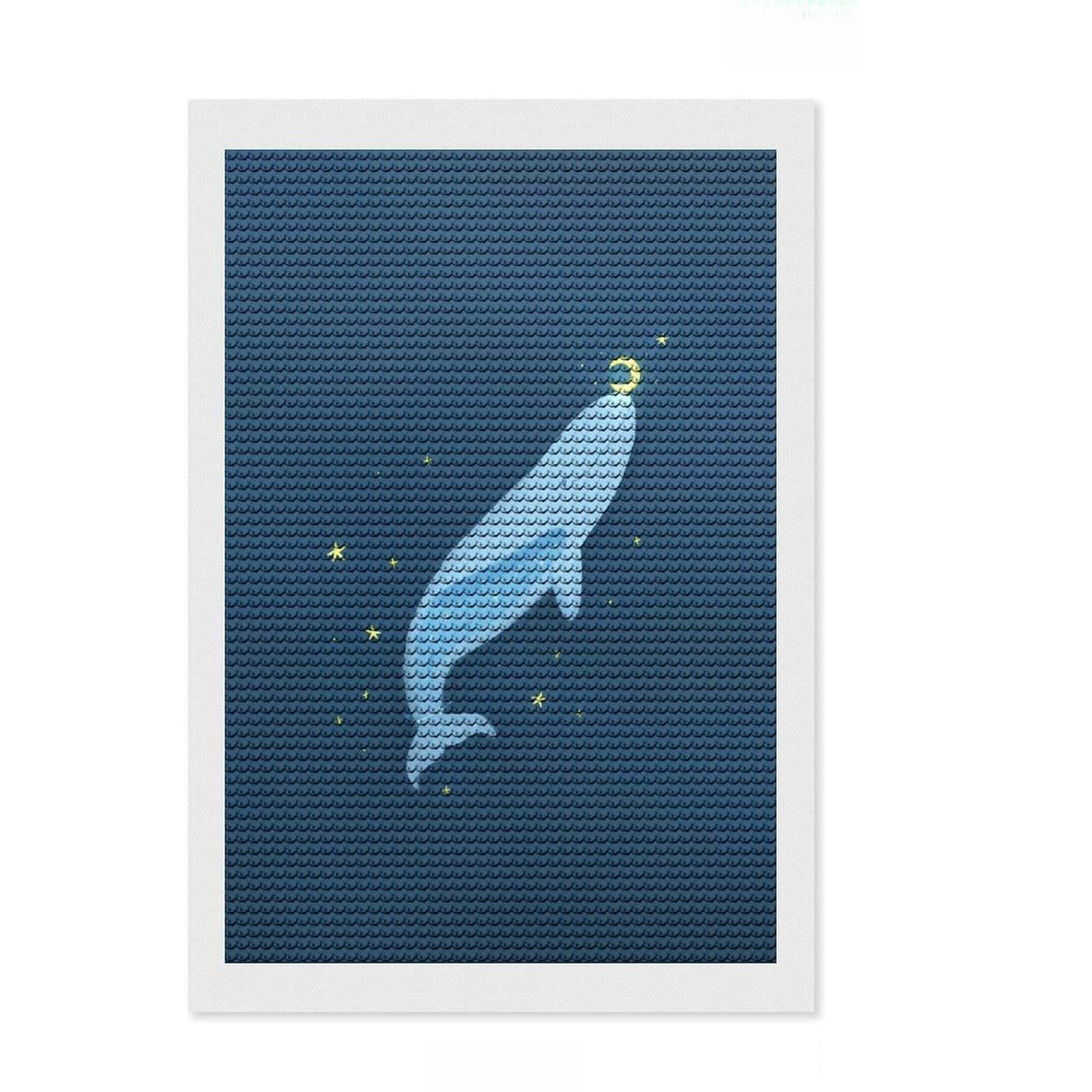 Junmoney Happy Whale and Moon Diamond Art Canvas 8"x12", Neat Printed Canvas, Mindful Craft Activity, Cosy Home Accent, Festive Craft Gift