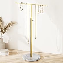 Gold Necklace Holder Jewelry Organizer Stand – Adjustable Height T‑Bar Jewelry Display with White Marble Base, Necklace & Bracelet Holder, Countertop Jewelry Stand