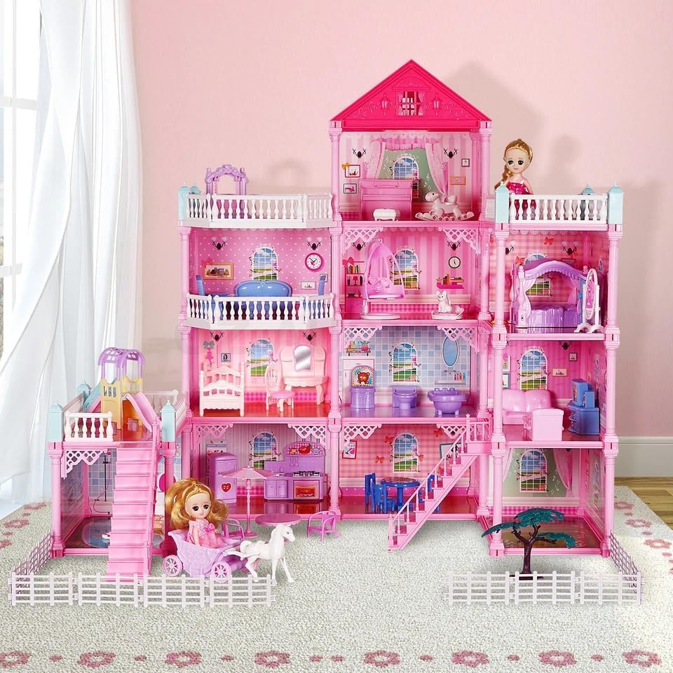 Dollhouse, Dream House Toys for 3 4 5 6 7 8+ Years Old Girls Kids, Dollhouse Sets with 2 Dolls, 11 Rooms, Furniture and Accessories, DIY Building Pretend Play Doll House, Gift for Girls
