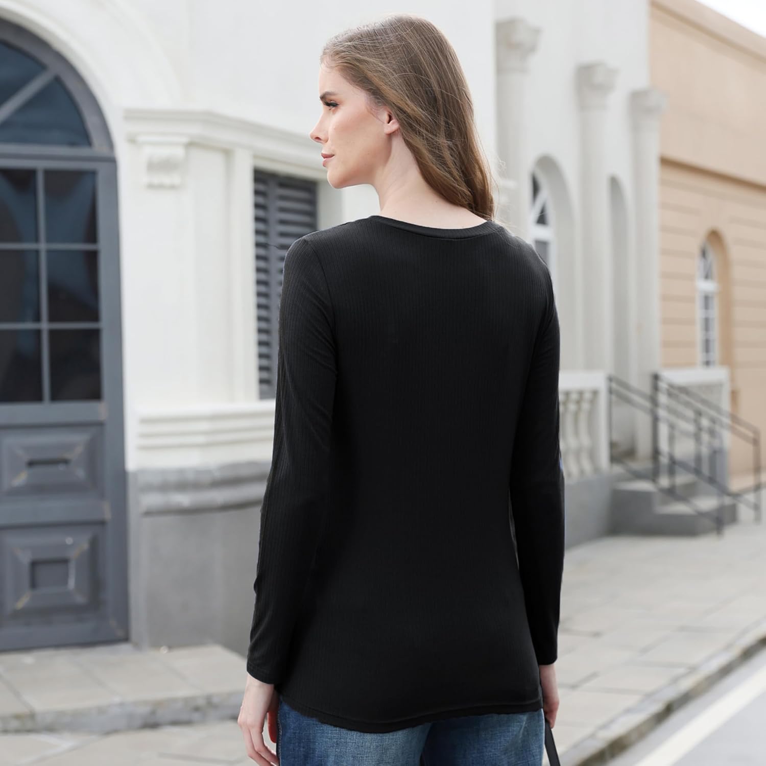 Liu & Qu Women's Nursing Tops Ribbed Long Sleeves Maternity Shirts Double Layer Breastfeeding Shirts Pregnancy Clothes 3 Pack - Image 5