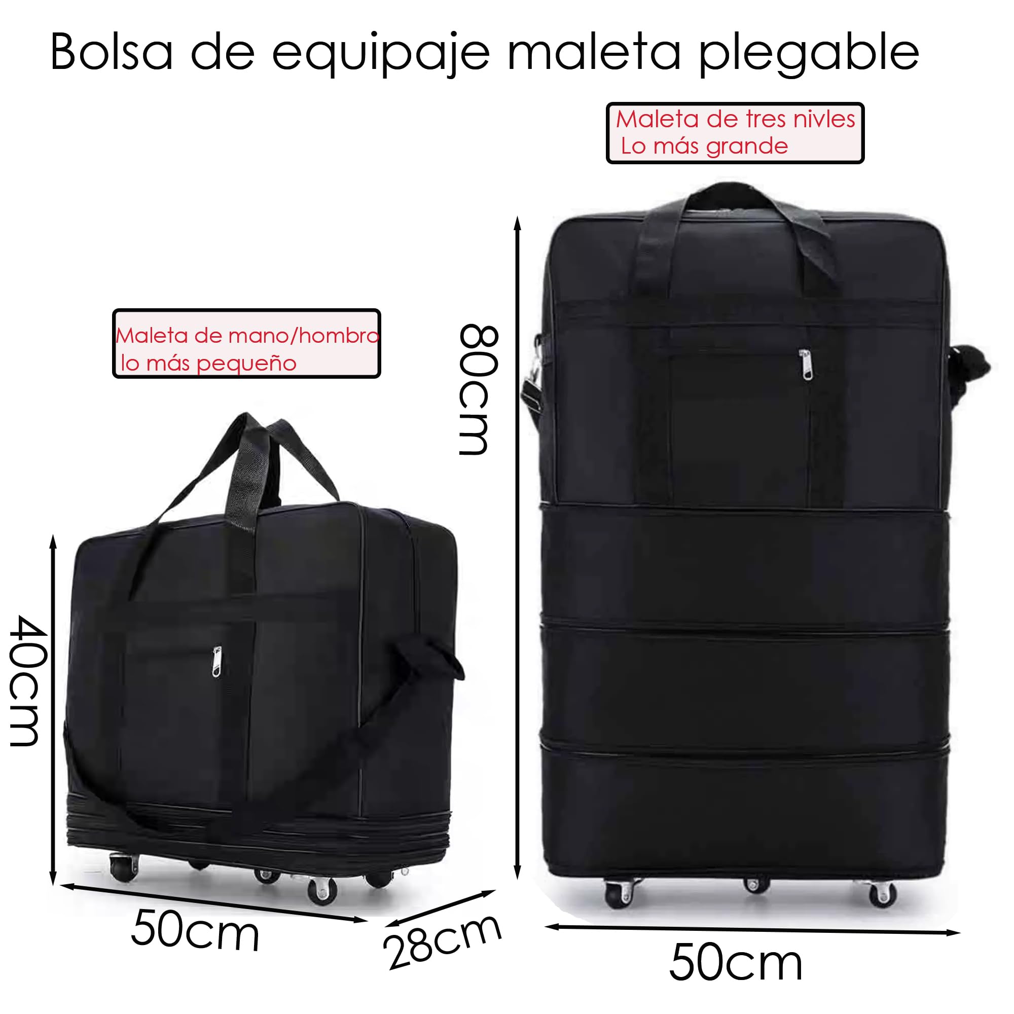 Bolsa de Viaje con Ruedas Expandible, Bolsa de Equipaje Plegable de Lona para Viajes Mudanzas, Capcidad hasta 90L(28PULGADA)