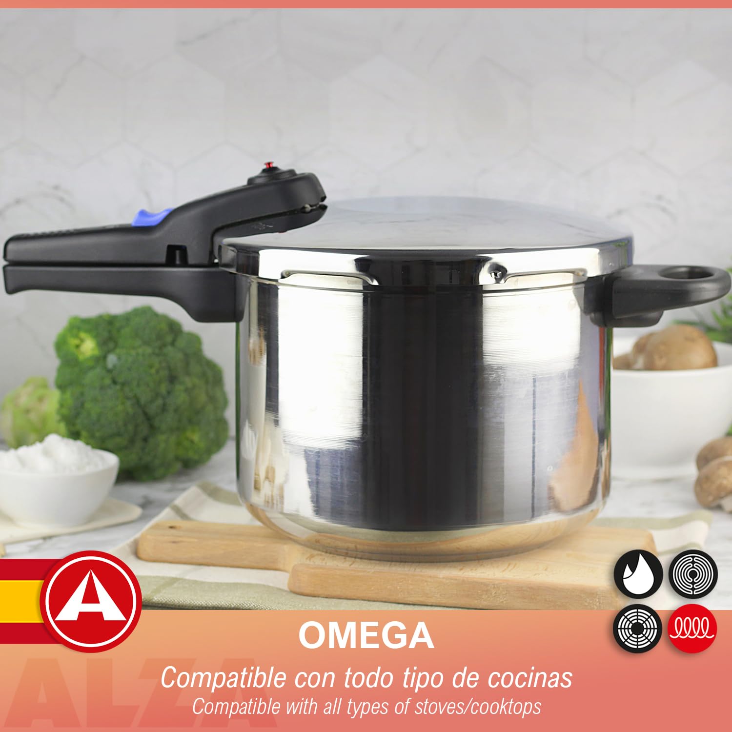 Alza Omega - Olla a Express Rápida de 6 Litros + Cestillo, Acero Inoxidable 18/10, Apta Para Todo Tipo de Cocinas, Inducción