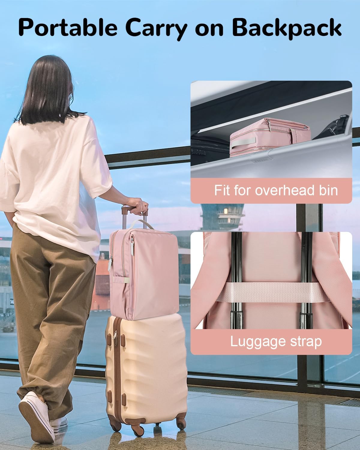 15.6" Simple Laptop Backpack with Luggage Strap for Women, Rose Pink Travel Backpack for Airplane