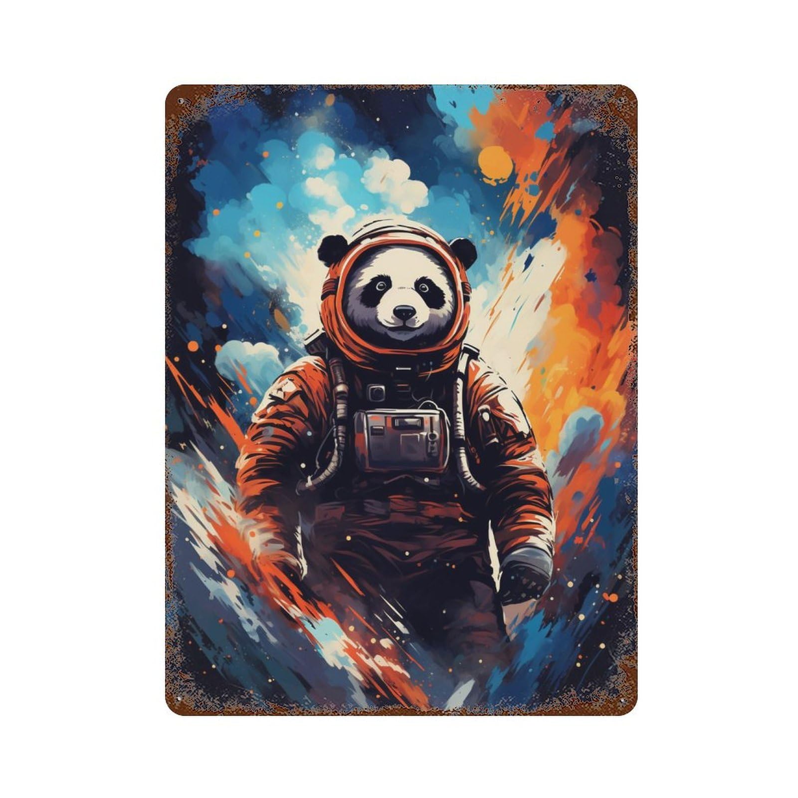 Panda Astronaut Space Art Print-1 Weathered Tin Sign 15.7"x11.8", Rustic Home Decor for Garage, Pub Or Kitchen