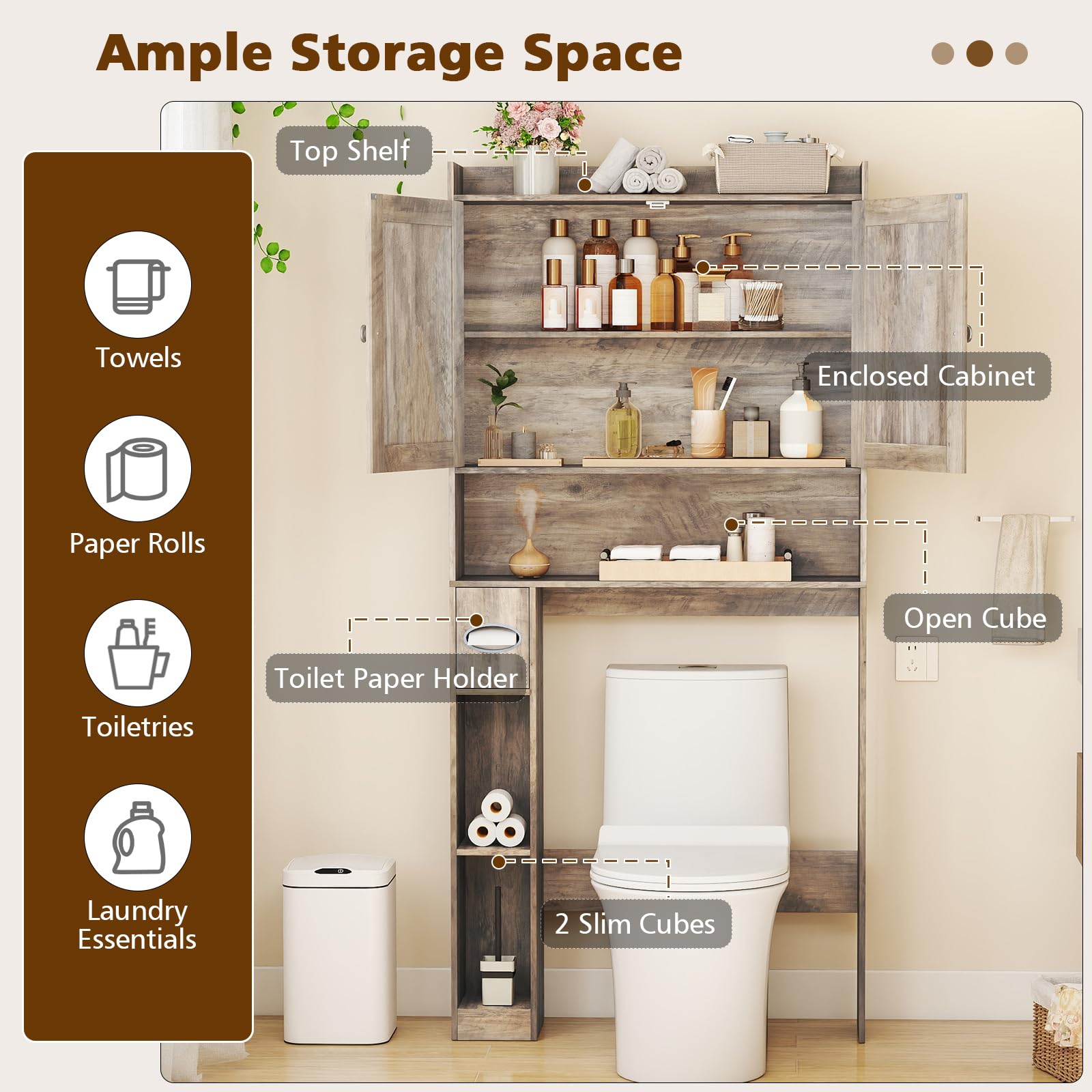 GIANTEX Armoire WC pour salle de bain avec 2 portes battantes, étagères réglables et compartiments pour papier toilette, armoire de toilette peu encombrante au-dessus des toilettes, 81,5 x 19,5 x