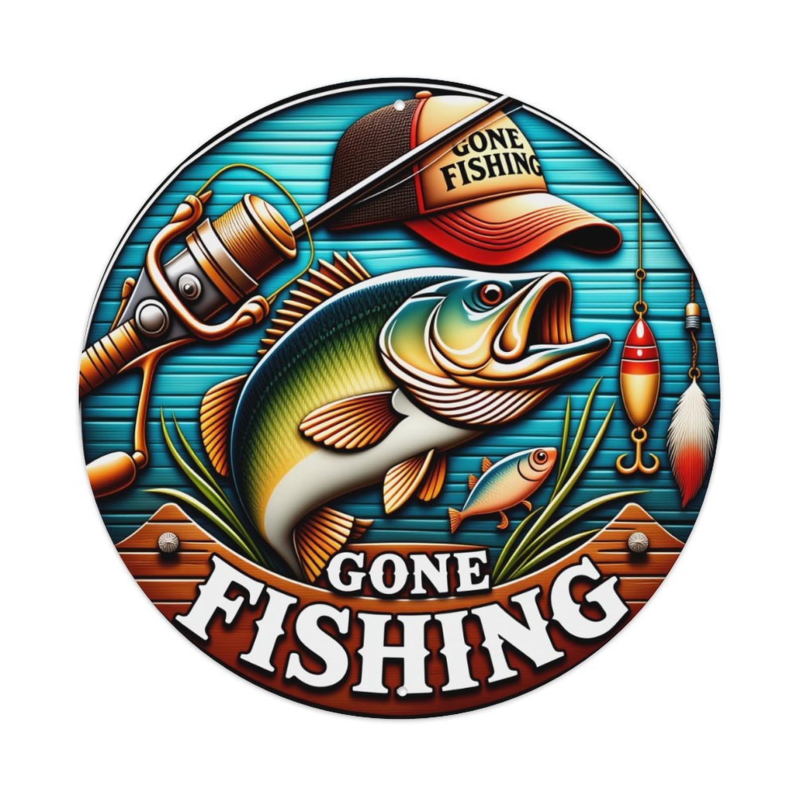 Jdyaojiesheng Vintage Fishing Hat Rod Lure Fish Round Tin Sign Retro Metal Wall Decor Metal Poster, Home Bar Garage Farmhouse Cafe Wall Art Decoration 8X8inches