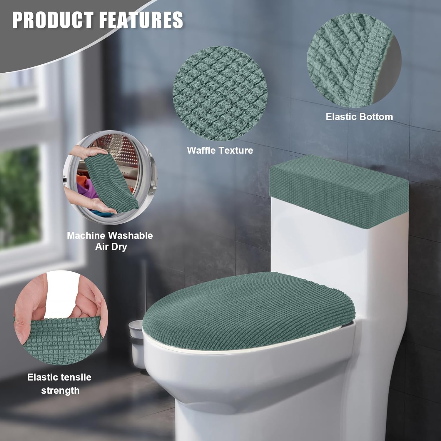 Toilet Lid Cover and Toilet Tank Cover Stretch Toilet Covers Set for Bathroom, Polyester Spandex Jacquard Fabric, Machine Washable, with Elastic Bottom, Sage Green