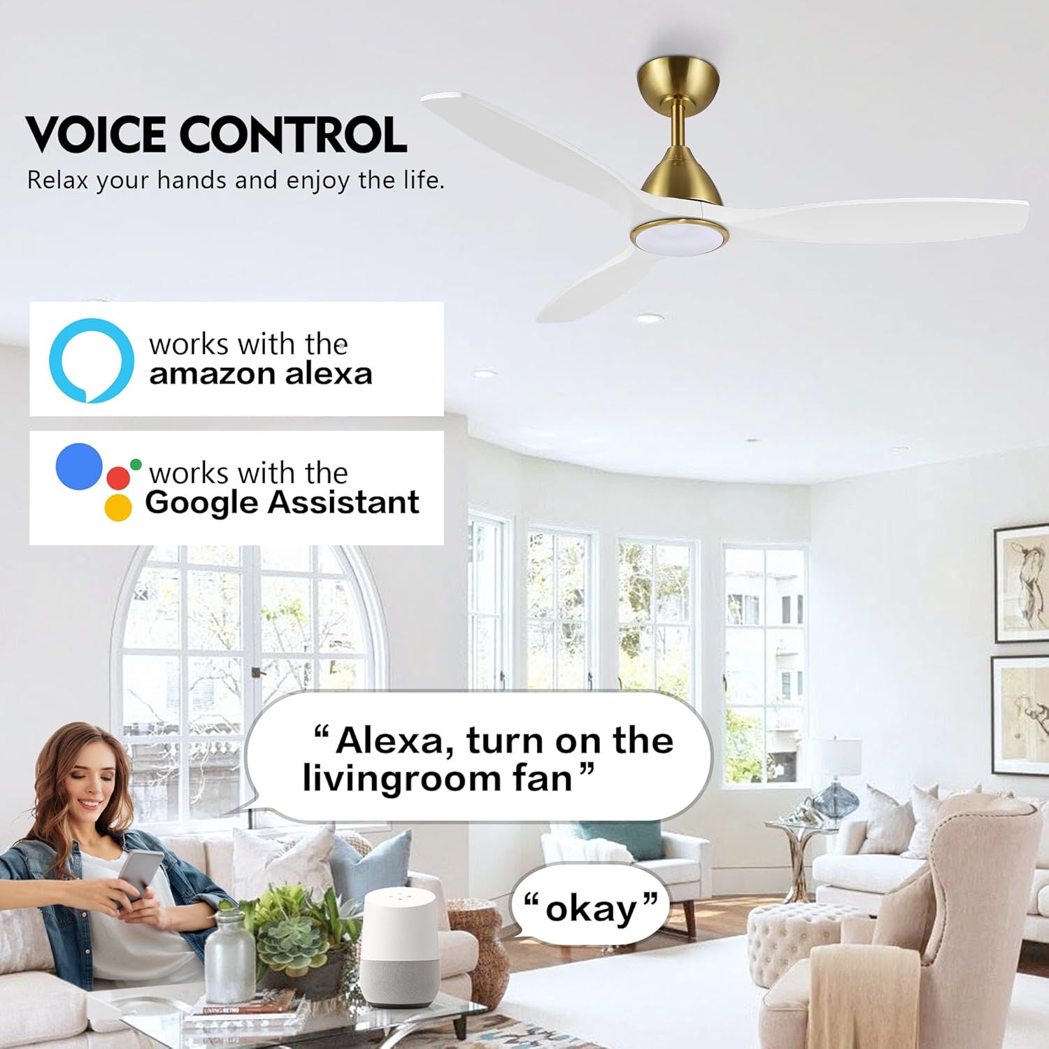Woman using voice control with Amazon Alexa to control the ceiling fan