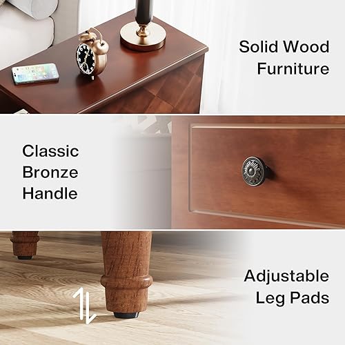Miniatura 8 de Tribesigns Mesa auxiliar de madera maciza, mesa auxiliar estrecha totalmente montada con cajones, mesita de noche premontada, mesita de noche