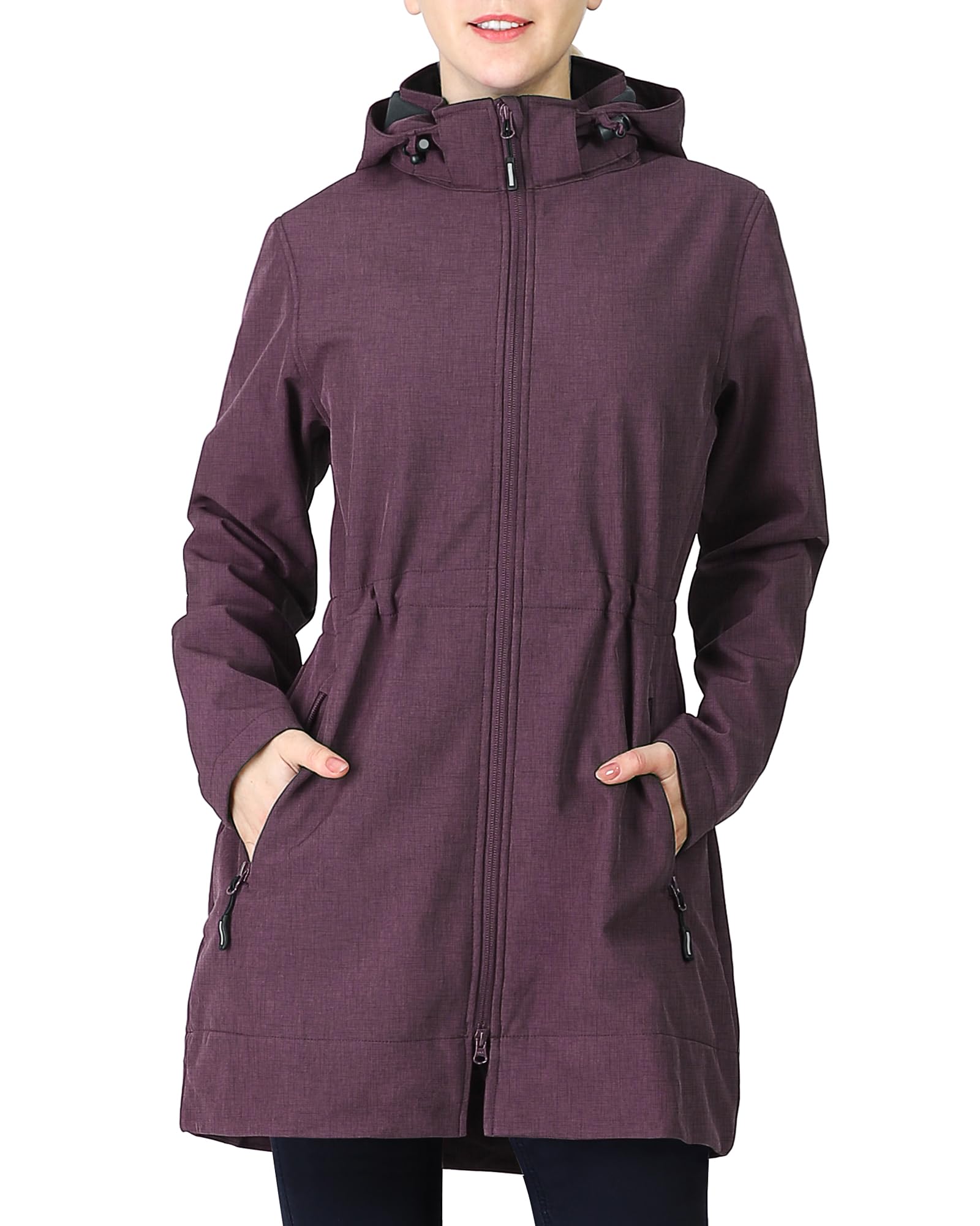 Outdoor Ventures Women's Softshell Jacket Waterproof Fleece Lined Raincoat | Insulated Warm Rain Jacket, Removable Hood, 2-Way Zipper, Light Long Windbreaker Coat for Spring Fall Winter Hiking Travel