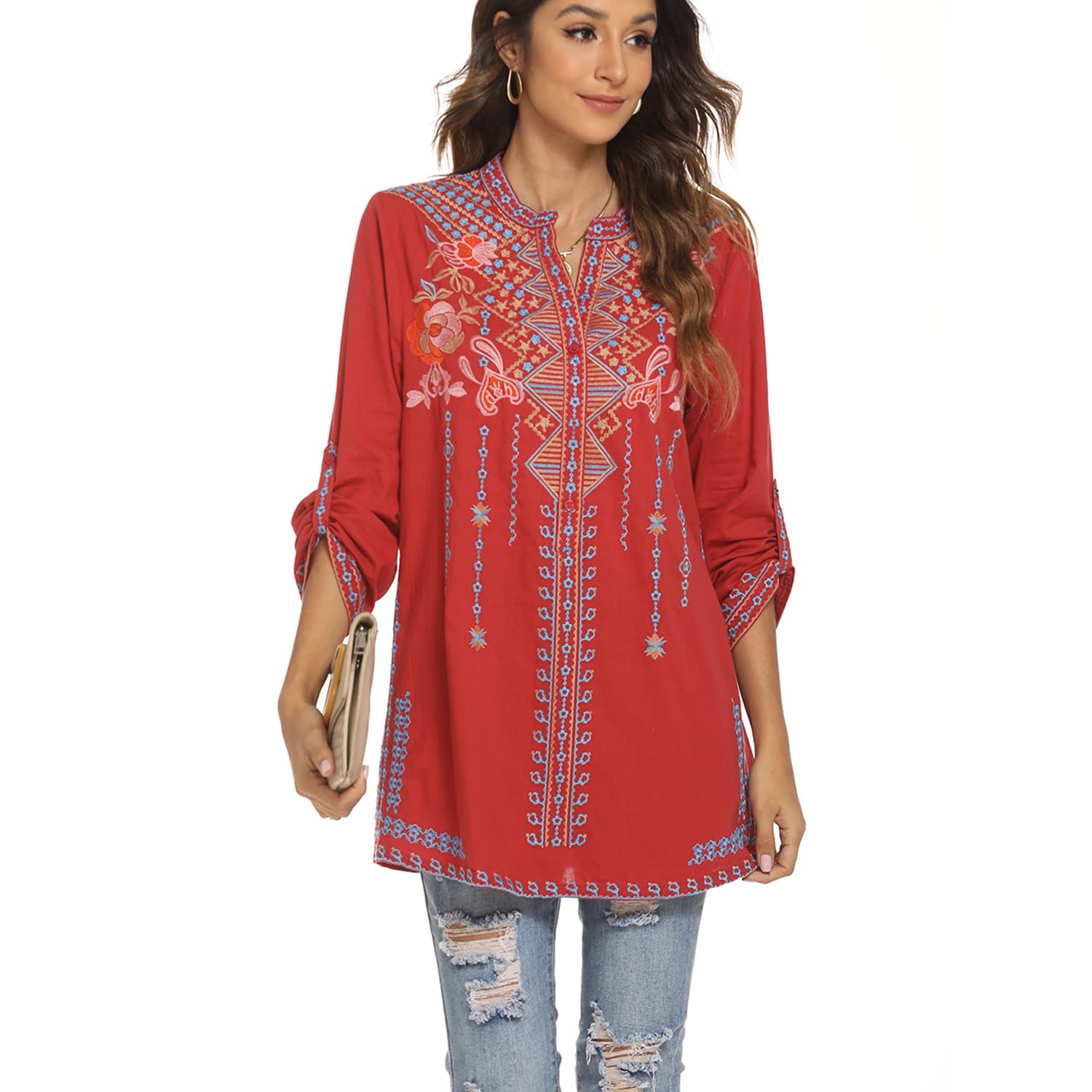 Bluse Stickerei Damen,Folklore Bluse Damen Stickerei Mexiko,Langarm Hippie Kleidung Boho Rundhalsausschnitt Blouse mit Blume Stickerei – Amazon Angebot
