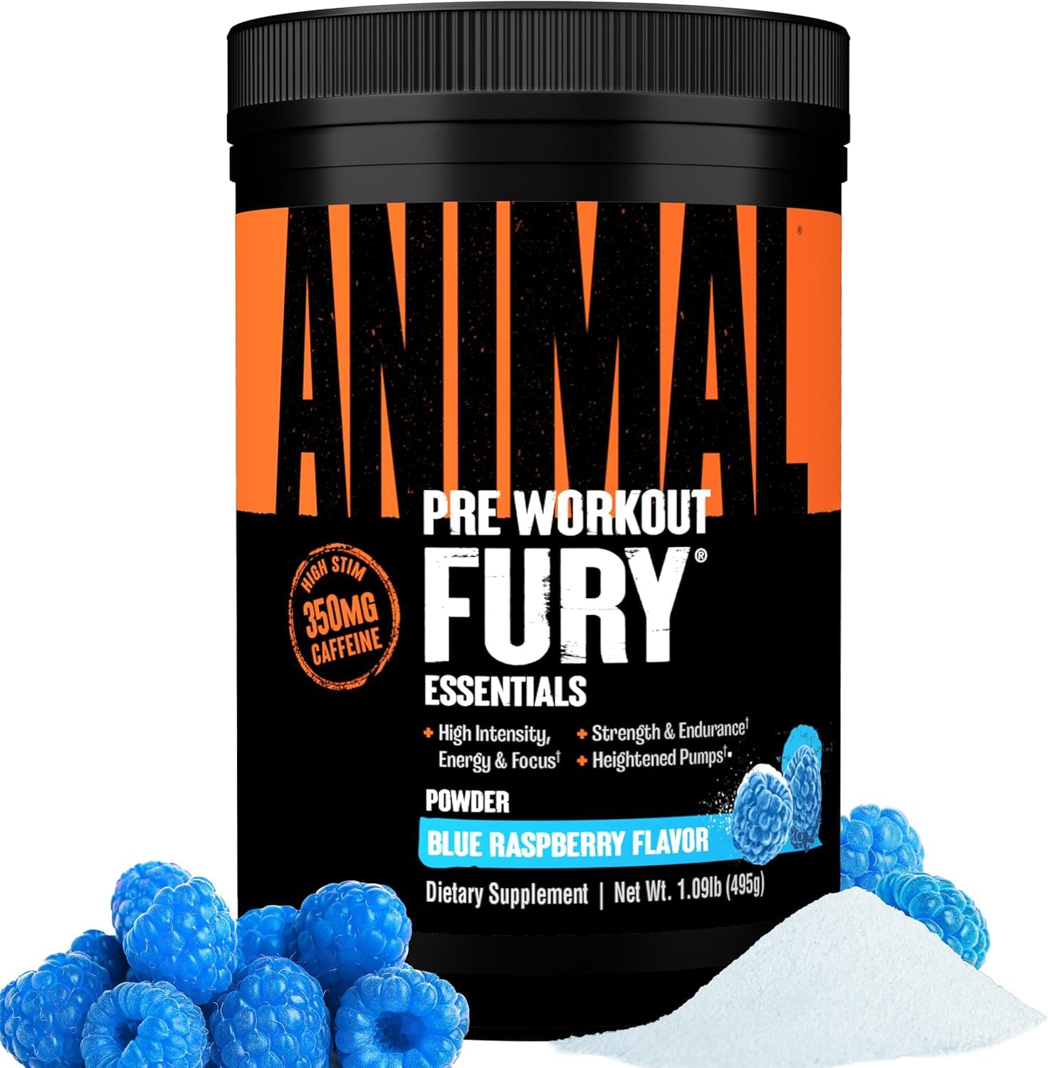 ANIMAL Fury Pre Workout Blue Raspberry - potenciador del entrenamiento con BCAA, beta-alanina, citrulina y 350 mg de cafeína - Para concentración, bombeo y energía - 483g