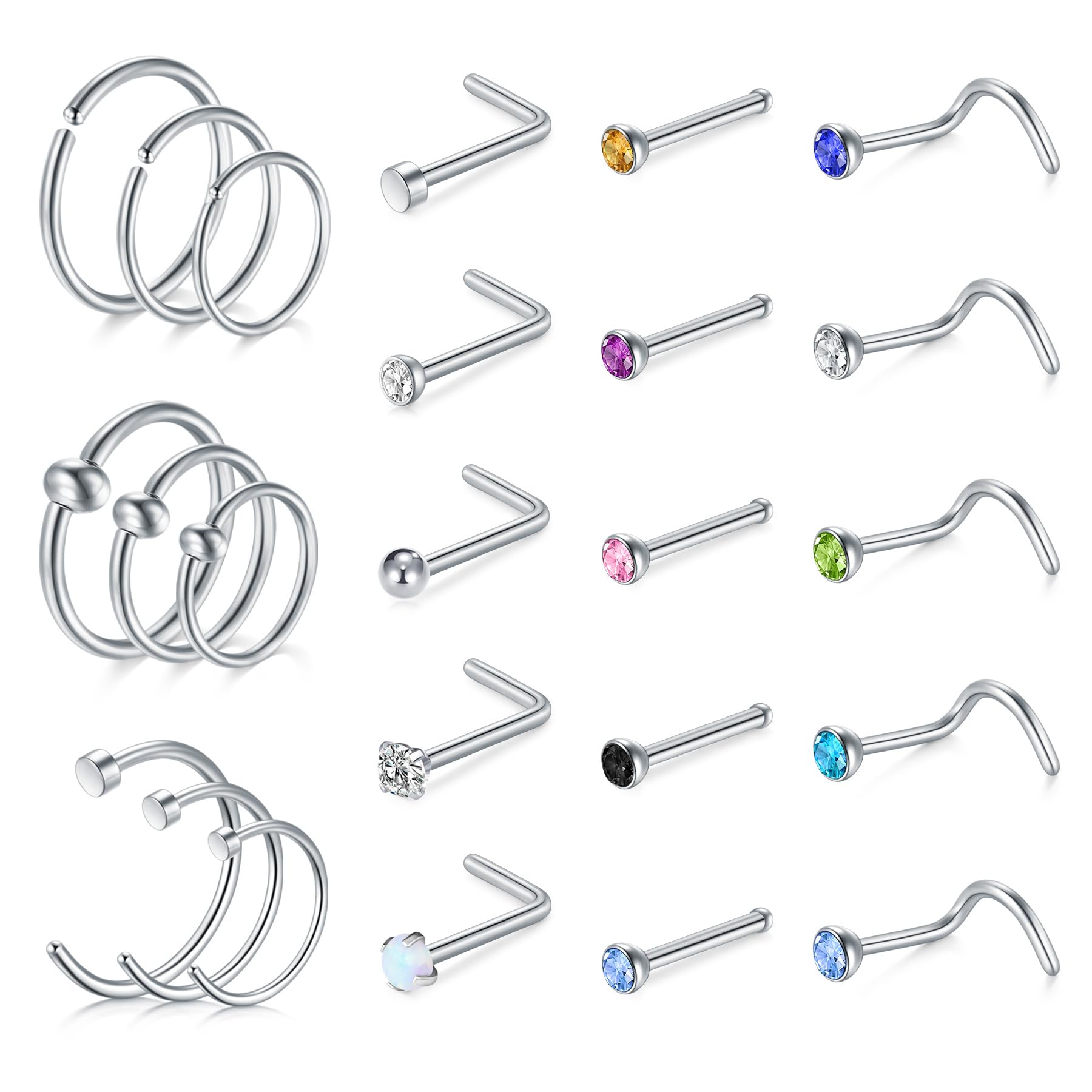 AVYRING Nose Rings Hypoallergenic Stainless Steel L-Shaped Nose Stud Screws with Cubic Zirconia Nose Piercing Jewellery 22G 20G 18G, Pack of 18 Pieces or 24 Pieces — view 13
