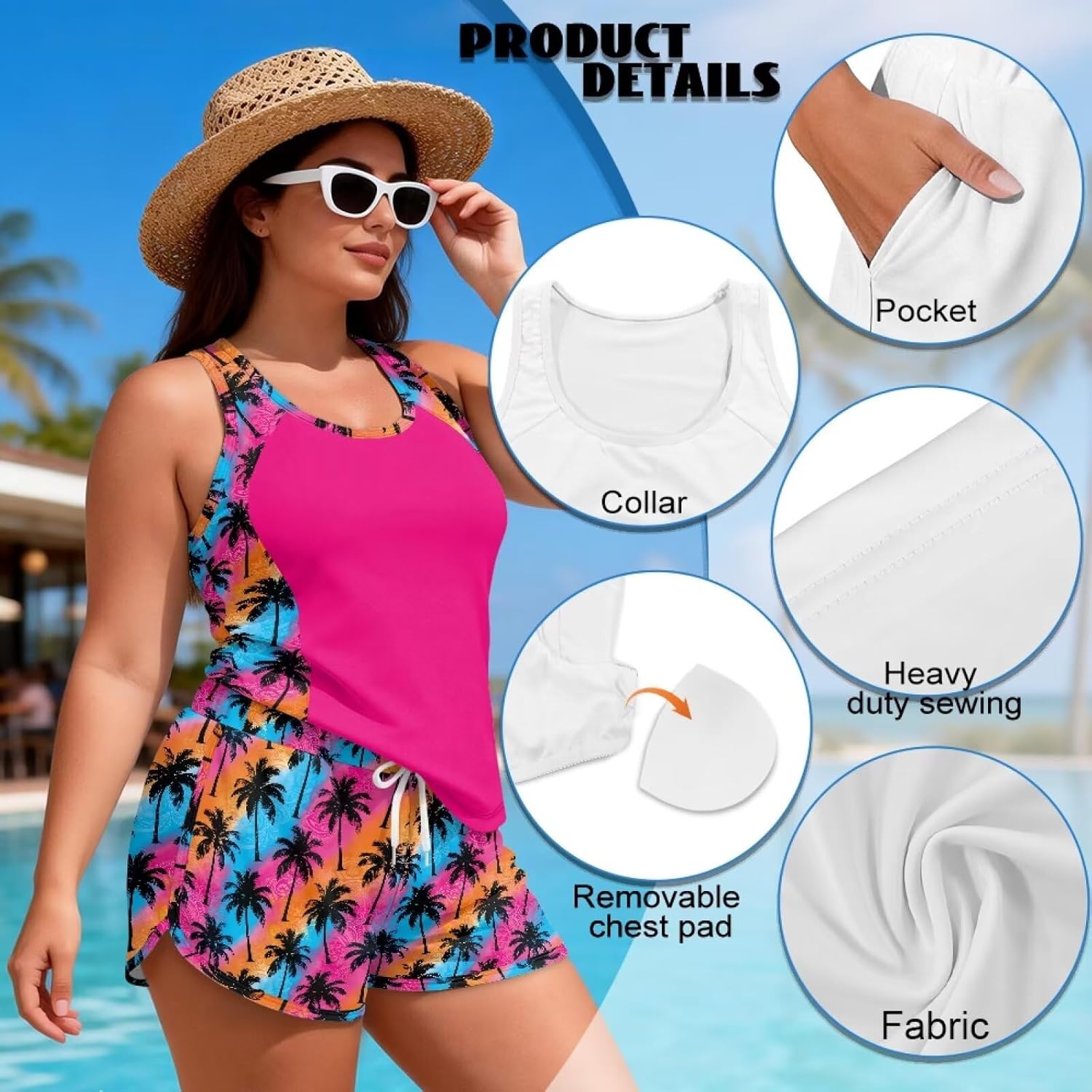 Womens Tummy Control Casual Tankini with Pockets Summer Sporty Racerback Top with Bra and Boyshorts Bathing Suits