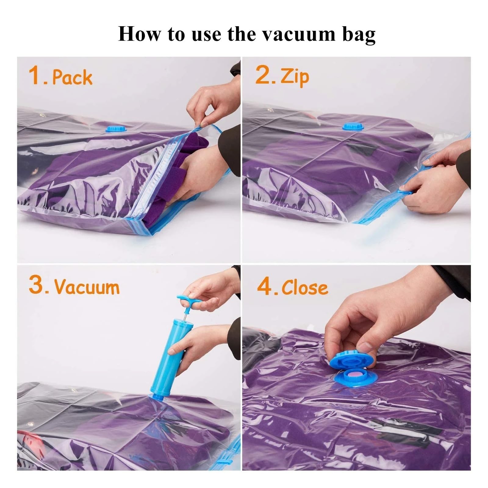 Vakuumbeutel Sparen Sie Platz, Vakuumbeutel-Sets, Kompressions-Aufbewahrungsbeutel mit Handpumpe, Heim-Organizer for Kleidung, Kissen, Bettwäsche(Only 6pack Bags,80x100cm)