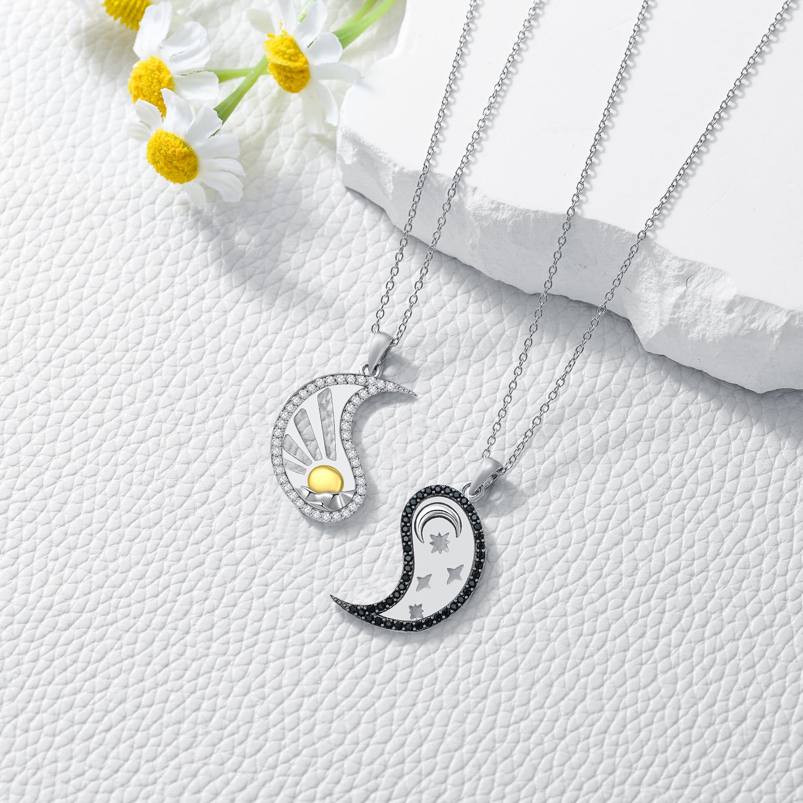 Yin Yang Paar Halsketten 925 Sterling Silber Sonne Mond Anhänger Halsketten für Damen Yin Yang Schmuck Geschenke für 2