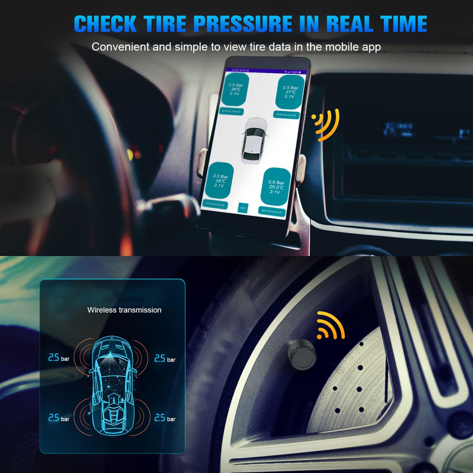 Cocoarm Sensor de Presión de Neumáticos, TPMS Bluetooth 5.0, Kit de 4 Sensores Externos para Coche, Monitor de Temperatura y Presión en Tiempo Real