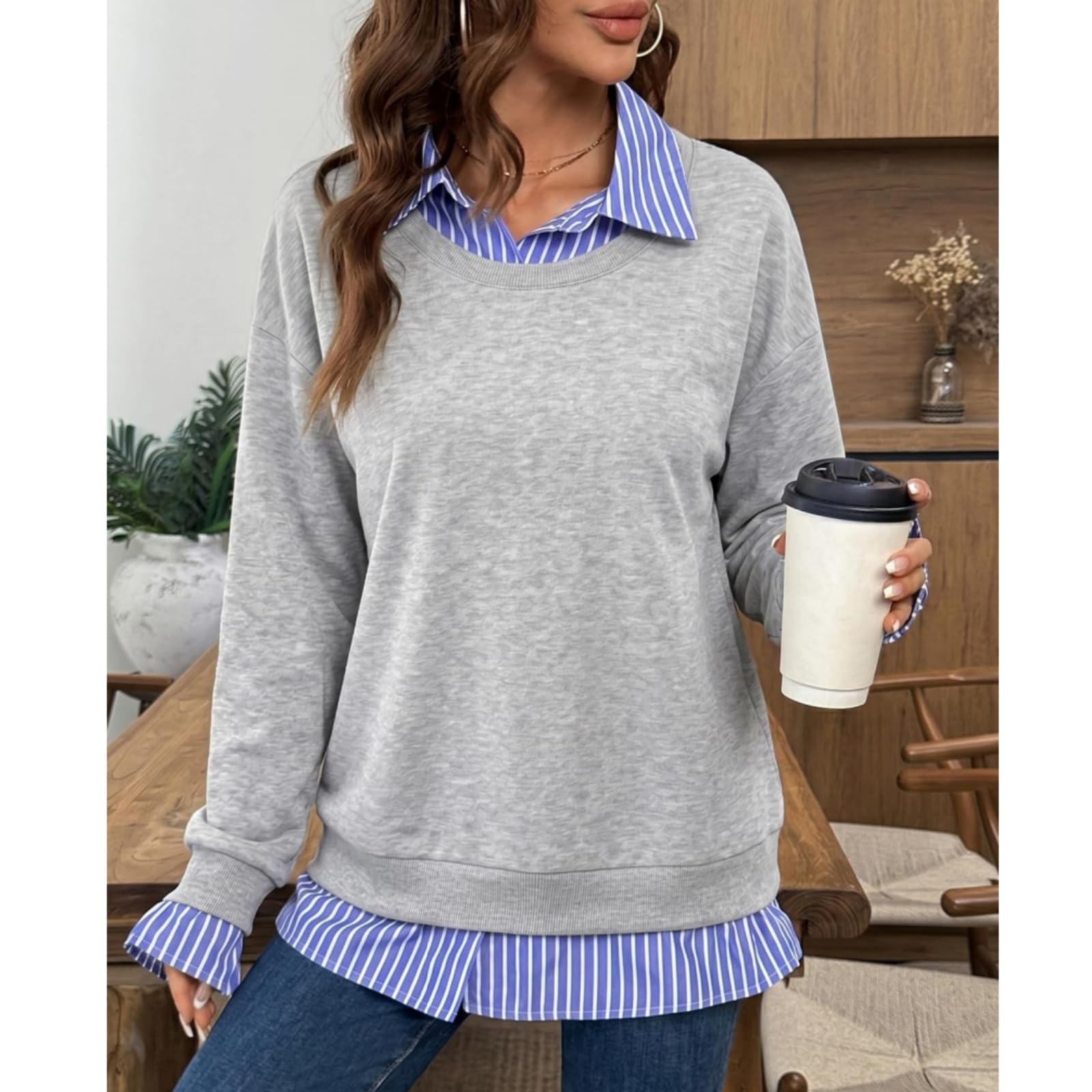 Felpe autunnali da donna – Felpa patchwork a righe con colletto