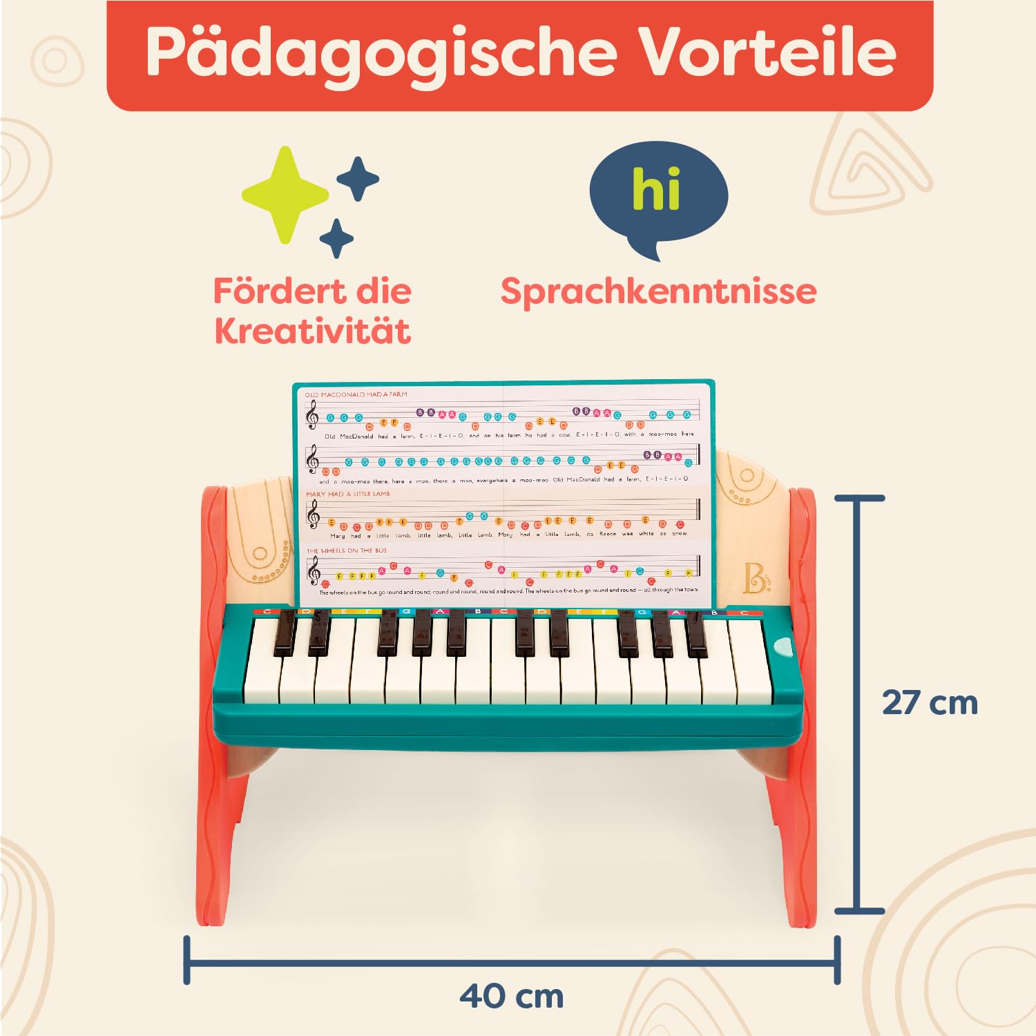 B. toys Spielzeug Klavier aus Holz mit Liederbuch, Piano Holzspielzeug, Musikspielzeug, Musikinstrument zum Klavier Spielen Lernen für Kinder ab 3 Jahren