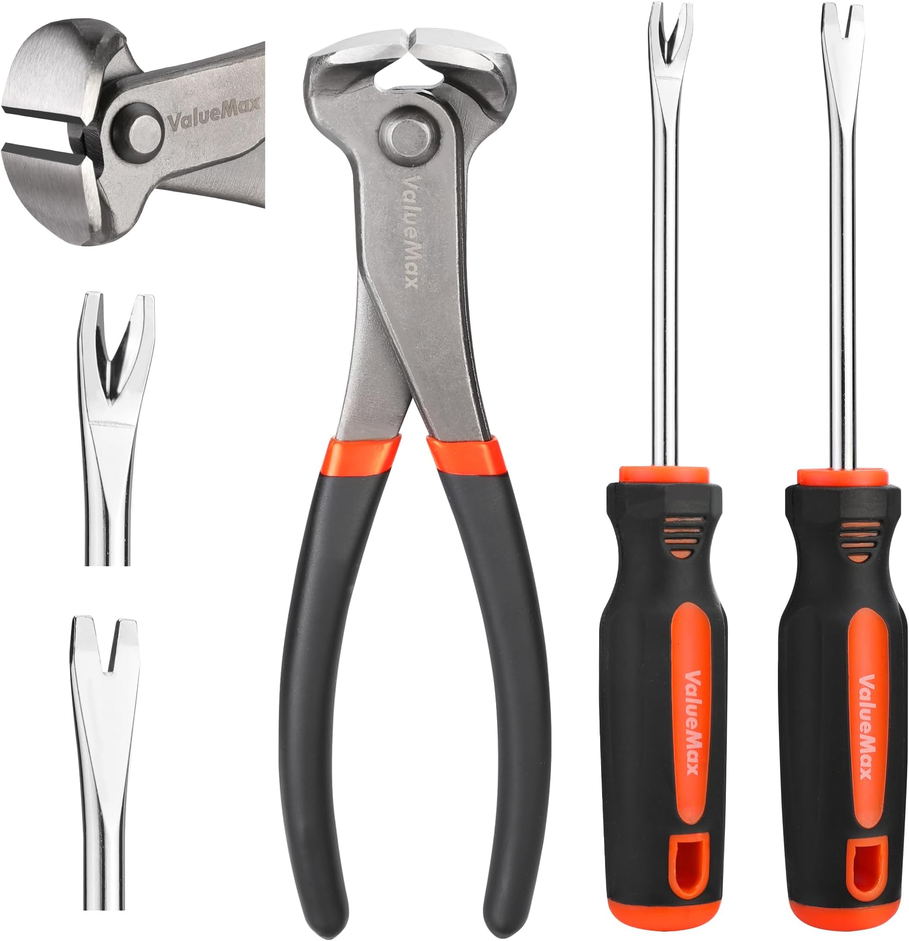 ValueMax 3 Piece End Cutting Pliers and Nail Pullers Set, 185 mm End Nippers for Pulling and Cutting Nails, 2-Piece Magnetizable Tack Lifter with Straight V Tip and Bend V Tip for Easy Nail Removal