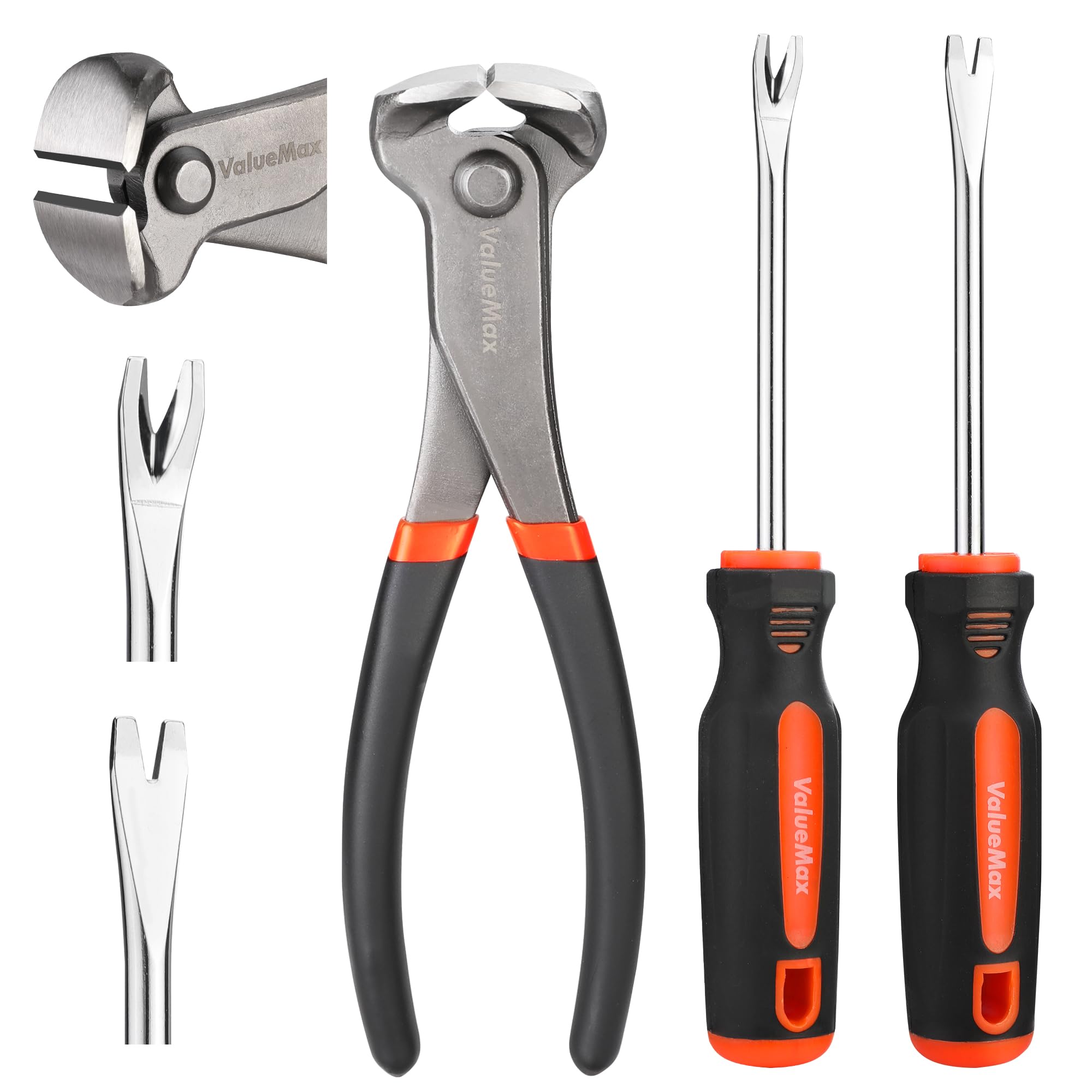 3-Piece End Cutting Pliers and Nail Pullers Set | 185mm End Nippers for Pulling and Cutting Nails | 2-Piece Magnetizable Tack Lifter with Straight V Tip and Bend V Tip for Easy Nail Removal
