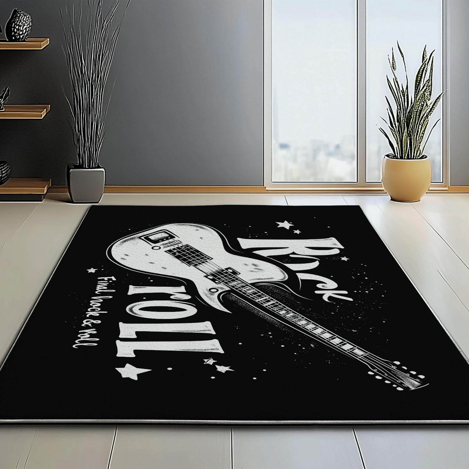 Tappeto Salotto Lavabile Rock Musica Chitarra Tema per la Decorazione Della Casa, Morbido Cashmere Superfine Antiscivolo Tappeto 160 x 230 cm per Camera da Letto Sala, Nero