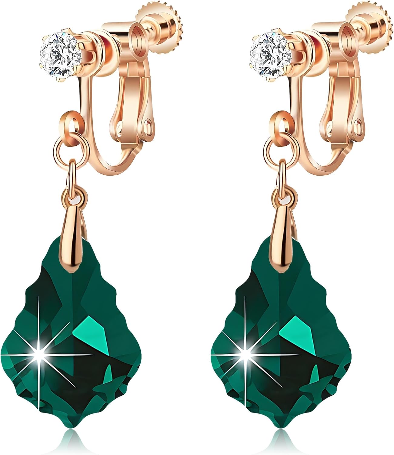 Austrian Crystal Baroque Drop Clip On Dangle Earrings for Women Non Pierced 14K Rose Gold Plated Hypoallergenic Jewelry