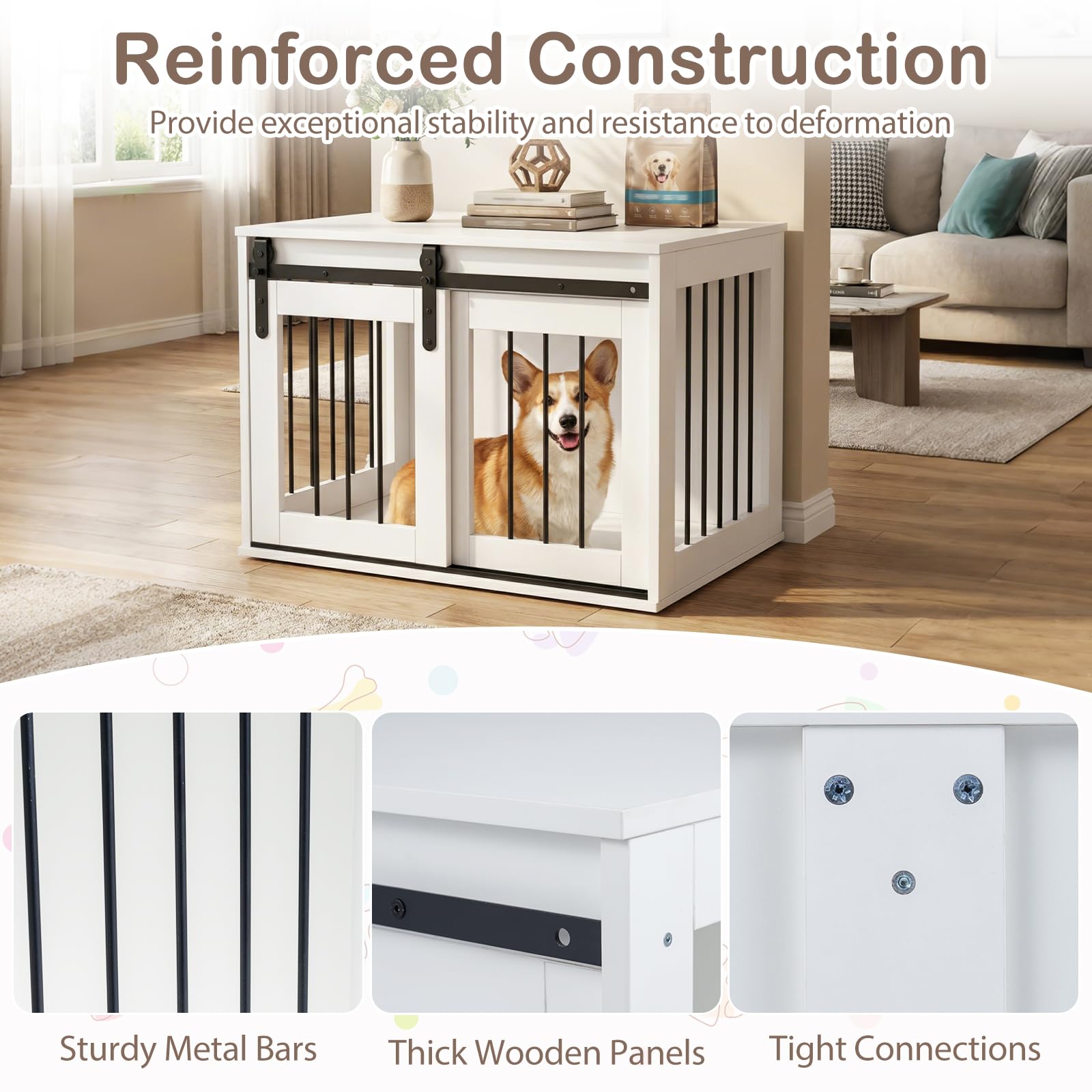 FANTASK Hundekäfig Möbel 80 cm, Hundebox mit Schiebetür & Metallrahmen, Hundeschrank aus Holz als Beistelltisch für kleine & mittelgroße Hunde, für Wohnzimmer, Schlafzimmer & Flur (Weiß)