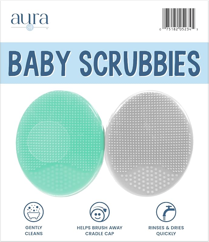 S&T INC. Cradle Cap Brush for Baby, 2 Pack, 2" x 2.5", Grey and Teal | Exfoliating and Massaging, Cleansing Brush for Baby, Silicone Bristles, Rinses Clean, Suction Cup Handle