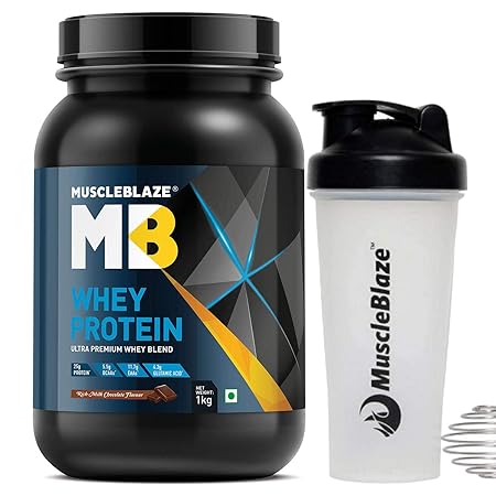 MuscleBlaze 100% Whey Protein (Rich Milk Chocolate, 1 kg / 2.2 lb, 30 Servings) with Shaker