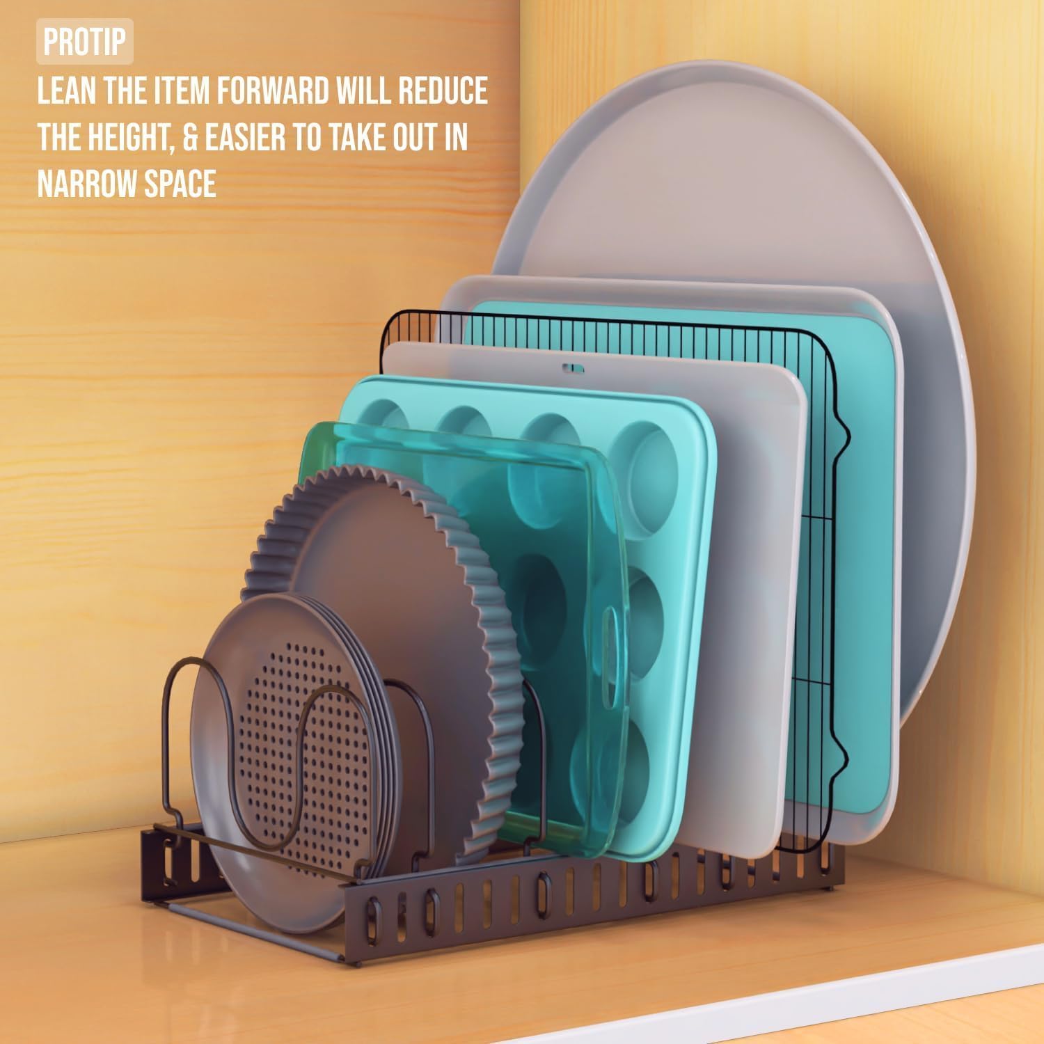 Norcalway Adjustable Bakeware Pots and Pans Organizer Under Cabinet,14 Dividers Cookie Sheet Baking Pan Pot Lid Organizers - Image 5