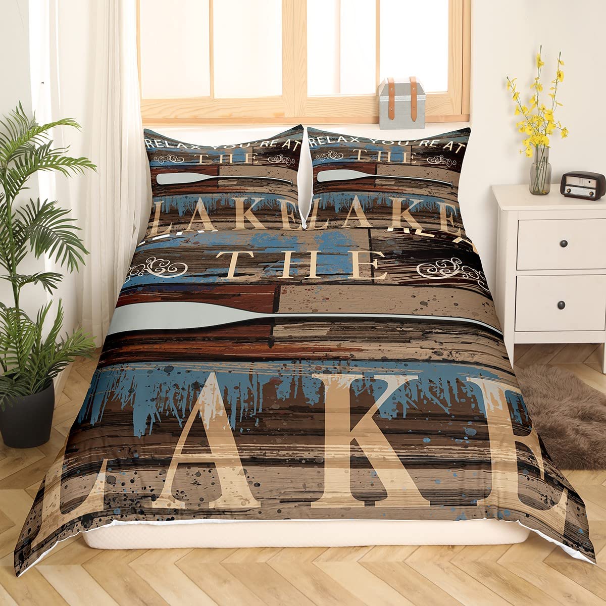 The Lake House Toddler Bedding Set Cabin Paddle Duvet Cover for Kids Boys Girls Rustic Wooden Decor Vintage Comforter Cover Word Art Lake Lover Bedspread Cover Bedroom Collection 3Pcs Queen Size