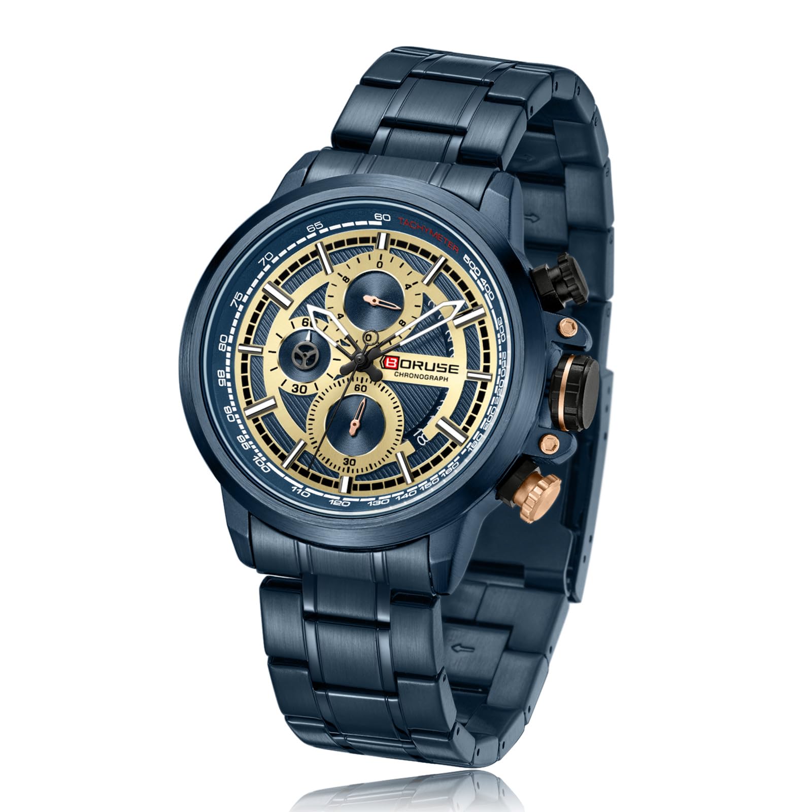BORUSE Business Watches for Men Blue Stainless Steel Mens Quartz Watch Fashion Luxury Chronograph Waterproof Luminous Calendar Man Casual Analog Wristwatch, Gold & Blue, business (B0CTHVBLQ4) Amazon Price History, Amazon Price Tracker