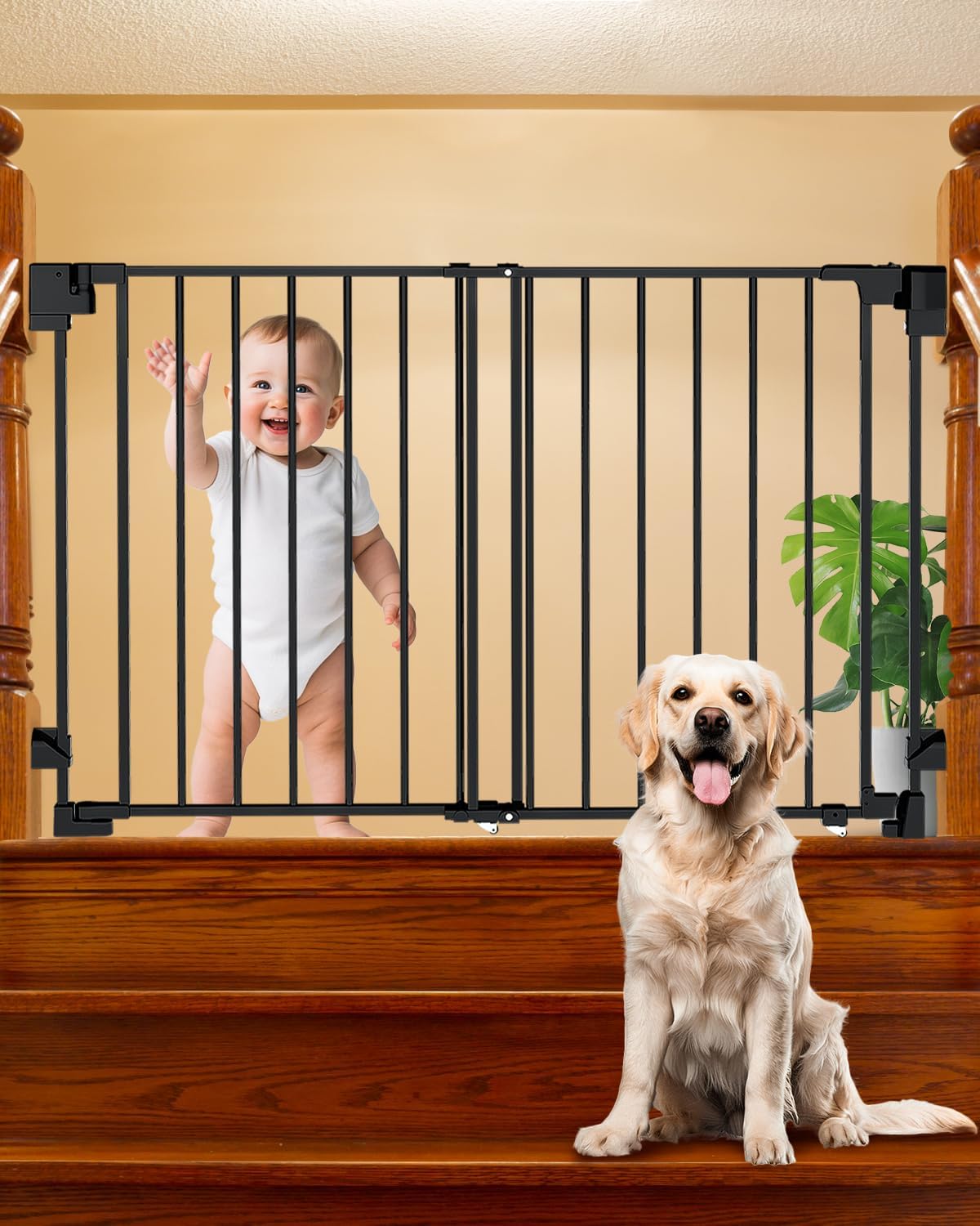 29-45" no bottom bar baby gates for stairs, 28" extra tall child safety gate with auto close large walk thru door, hardware mount dog gate pet gate for the house doorways, indoor outdoor use black 28" tall x 29-45" wide